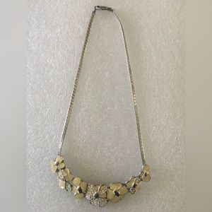 Floral Statement Necklace-Unmarked-Silvertone with Beige Flowers